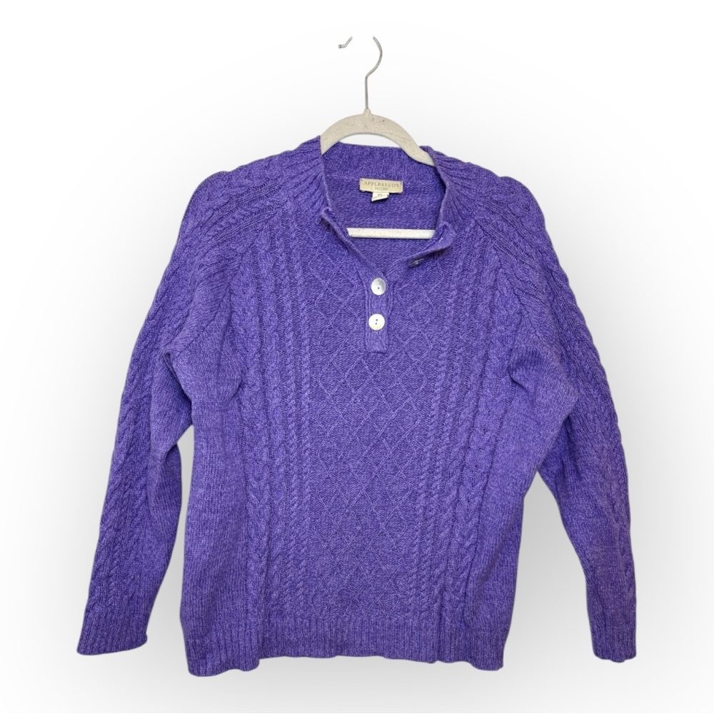 Appleseed’s Purple Cable Knit Henley Sweater Classic Preppy Cotton Petite Large
